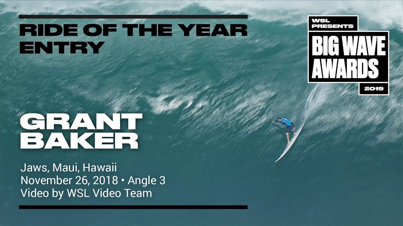 Grant Baker (Durban, South Africa) is captured in a third tighter shot as paddles into a huge righthander, drops in extremely late in time to muscle an epic bottom turn and voyage through a into an XXXXL barrel, exiting in bits and pieces at the Jaws Challenge at Pe'ahi, Maui, Hawaii on November 27, 2018. Angle 3. Cliff video by the WSL Video Team. An entry in the Ride of the Year Award category of the 2019 WSL Big Wave Awards. For more information see www.WorldSurfLeague.com/bigwaveawards