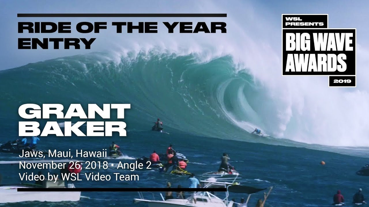 Grant Baker (Durban, South Africa) is seen in a second angle as he paddles into a beast, drops in late into a remarkable bottom turn and pulls into a monster barrel for the ages at the Jaws Challenge at Pe;ahi, Maui, Hawaii on November 27, 2018. Angle 2. Helicopter video by the WSL Video Team. An entry in the Ride of the Year Award category of the 2019 WSL Big Wave Awards. For more information see www.WorldSurfLeague.com/bigwaveawards