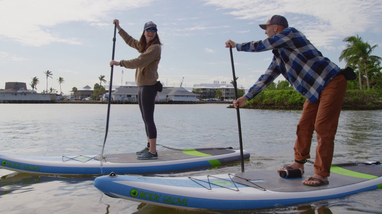 The Body Glove Performer 11 Blue Ocean Edition inflatable stand-up paddle board offers the best value and paddling package in the industry. This inflatable SUP inflates in 5 minutes and is a great beginner-to-intermediate family paddleboard. Designed or fitness, fun, and travel, this lightweight board is 34 inches wide, which makes for an extra-stable platform.