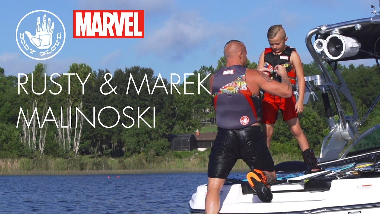 Professional wakeboarder, Rusty Malinoski and son Marek, test out the MARVEL Edition vest from Body Glove.<br /><br />Cinematographer - Greg Browning<br />Editor - Greg Browning