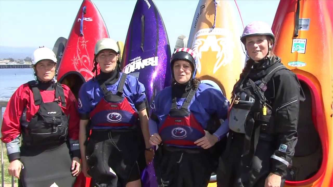 Women kayak surfers styling it at the 2013 Santa Cruz Paddlefest.