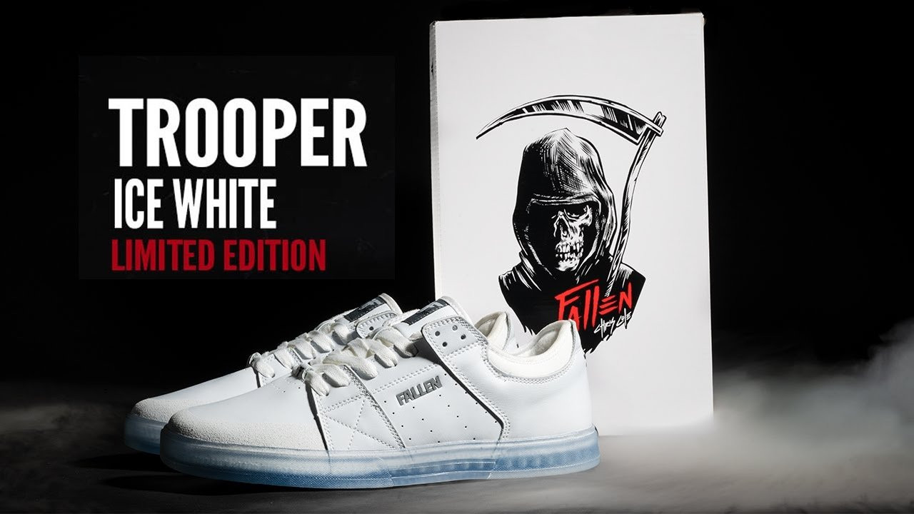 The Chris Cole ICE White Troopers! 🧊These limited edition Troopers come with a special box and only 300 were made. Available now on our website and at select skate shops worldwide. #FallenFootwear<br /><br />Shop Now: https://fallenfootwear.us/collections/trooper/products/trooper-chris-cole-ice-white