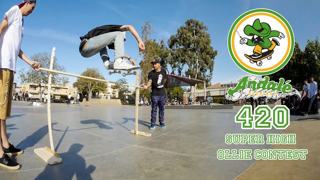 Joey and friends from Team Andalé hosted the Andalé Bearings 420 Super High Ollie Contest at Stoner Plaza on 4.20.16. Free BBQ, $420 cash for tricks, product giveaways, and good times. Check out Diego Najera getting super high clearing the 41 inch mark! <br /><br />http://andalebearings.com<br /><br />Subscribe to Andalé on Youtube: http://bit.ly/SubscribeAndale<br />Social: <br />https://instagram.com/andalebearings<br />https://facebook.com/andalebearings<br />https://twitter.com/Andale_Bearings