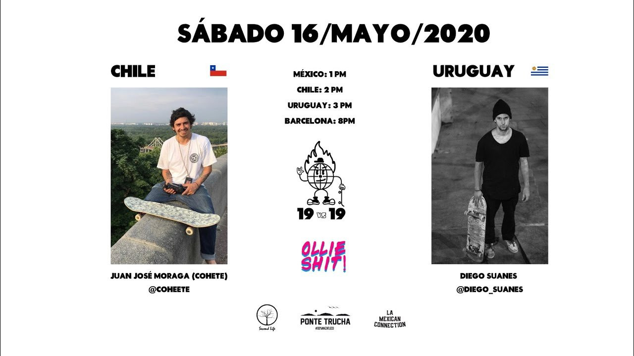 Cómo algunos saben debido a la pandemia en la que vivimos mundial estamos desde casa haciendo diferentes cosas, por lo mismo decidimos hacer 19vs19 América donde buscamos juntar a todo el continente en un juego de S.K.A.T.E. <br /><br />La primera batalla la vimos entre el Uruguayo Diego Suanes y el Chileno Juan Jose Moraga y esto fue lo que sucedió.<br /><br />No dejen de ver las actualizaciones diarias por nuestro instagram y los resumenes por aquí.