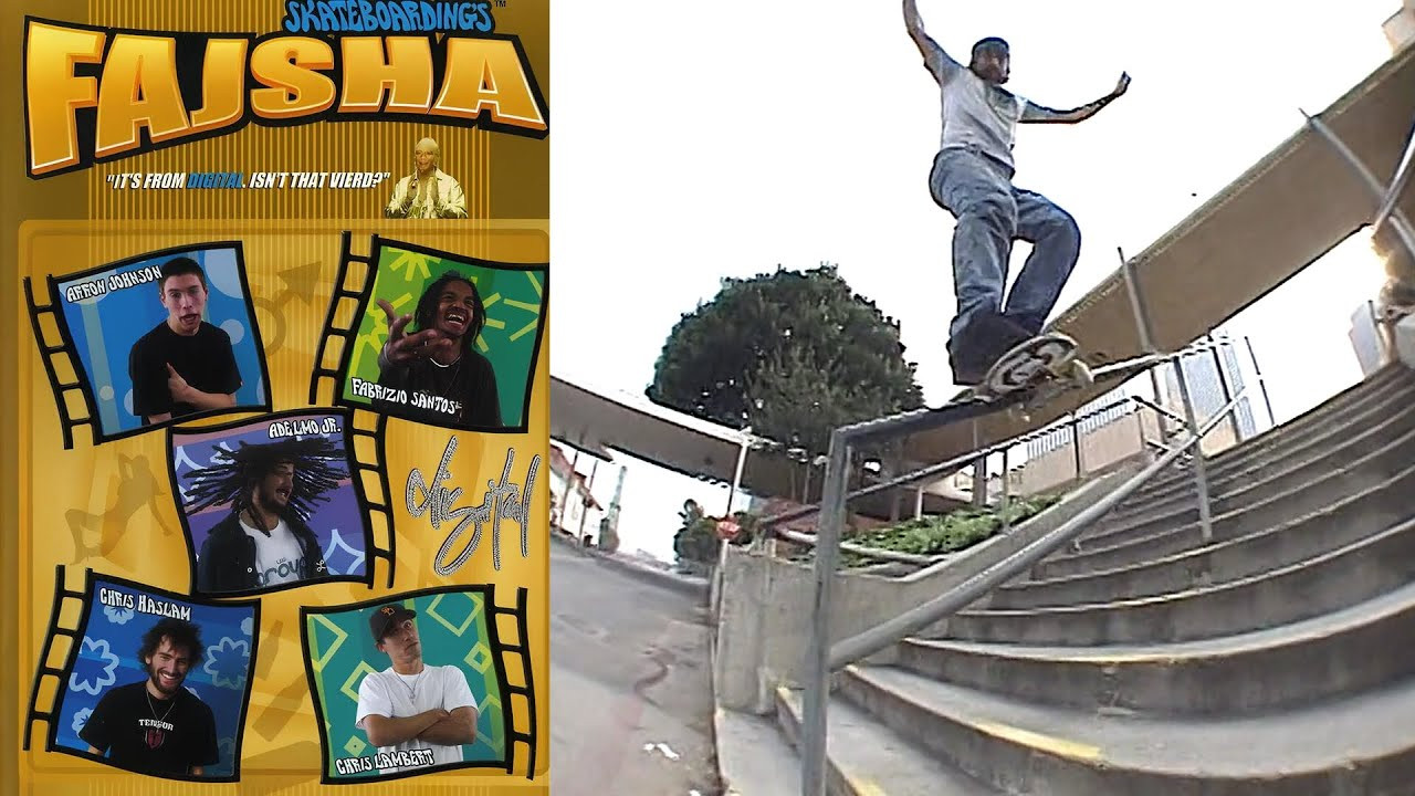 Digital Skateboarding Presents: “Fajsha”<br /><br />Produced by Dennis Martin and Bill Weiss for Digital Skateboarding. Featuring Aaron Artis, Abdias Rivera, Adelmo Jr., Arron Johnson, Billy Marks, Bryan Herman, Cairo Foster, Casey Rigney, Chad Fernandez, Channy Jeanquine, Chris Haslam, Chris Lambert, Dan Bochart, Fabrizio Santos, Fred Gall, Gailea Momolu, Greg Lutzka, James Craig, Jason Jones, Jimmy Astleford, Joey Brazinski, Leo Romero, Mark Appleyard, Matt Allen, Matt Worley, Nick Mattlin, Omar Hassan, Omar Salizar, Pat Duffy, Paul Machnau, Paul Otvas, Remy Stratton, Ricardo, Ryan Gallant, Travis La, Tyrone Olson, Wade Des Amoux and Windsor James.<br /><br />Chapters<br />00:00 Opener<br />00:18 Opener<br />02:26 Arron Johnson<br />05:05 Montage One<br />09:45 Chris Lambert<br />12:14 Chris Haslam<br />16:40 Montage Two<br />19:40 Leo Romero & Matt Allen<br />24:27 Fabrizio Santos & Adelmo Jr.<br />27:05 Credits<br /><br />If you have Proper Skate Videos Digitized VHS Tapes or DVDs, please feel free to join our Discord Server and help us to Archive old physical Skate Videos.<br /><br />Odysee: https://odysee.com/@SkateVideoLibrary<br />Discord: https://discord.me/skatevideolibrary<br /><br />Video: 960x720p, 59.94fps, 6000 kbps<br />Audio: Stereo, 48.0 kHz, 128 kbps