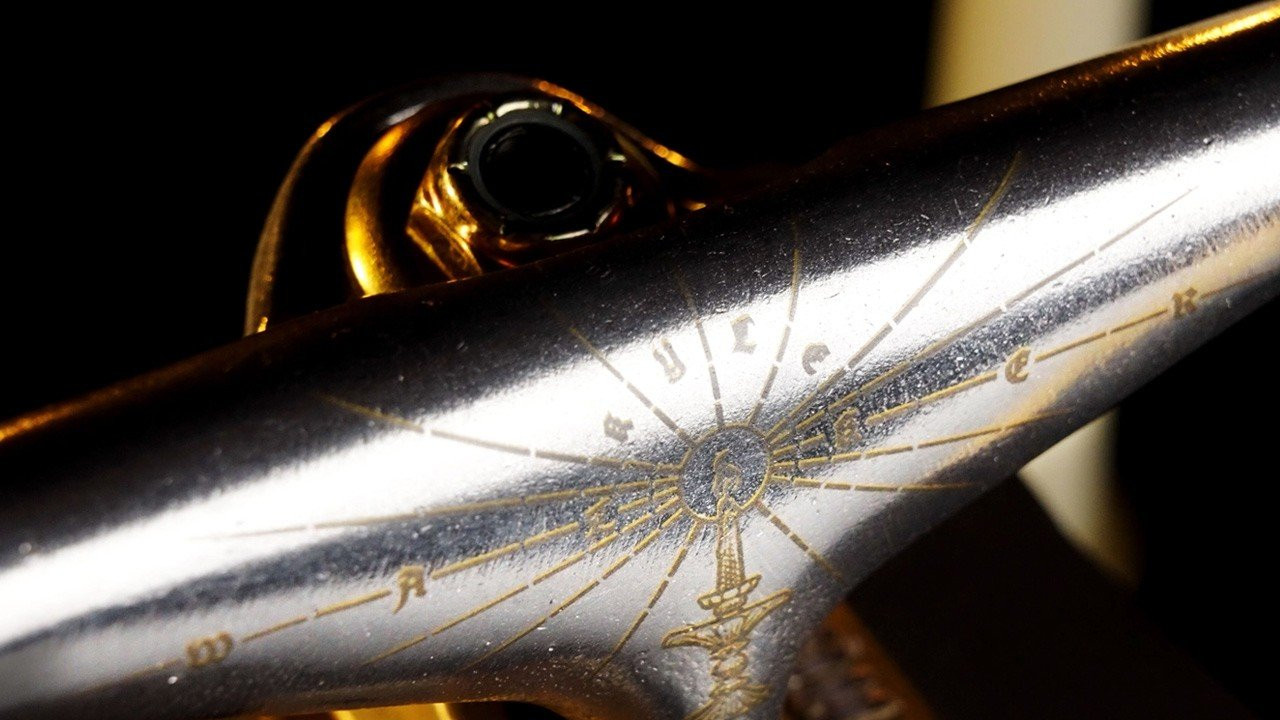 Kyle Walker's new Pro Editions on Polished Hangers with Spun Gold baseplates featuring laser-engraved details. In skate shops now.<br /><br />148 - 8.25” | 149 - 8.5”<br /><br />Filmed by Bobby Bils https://www.instagram.com/bobbybils/