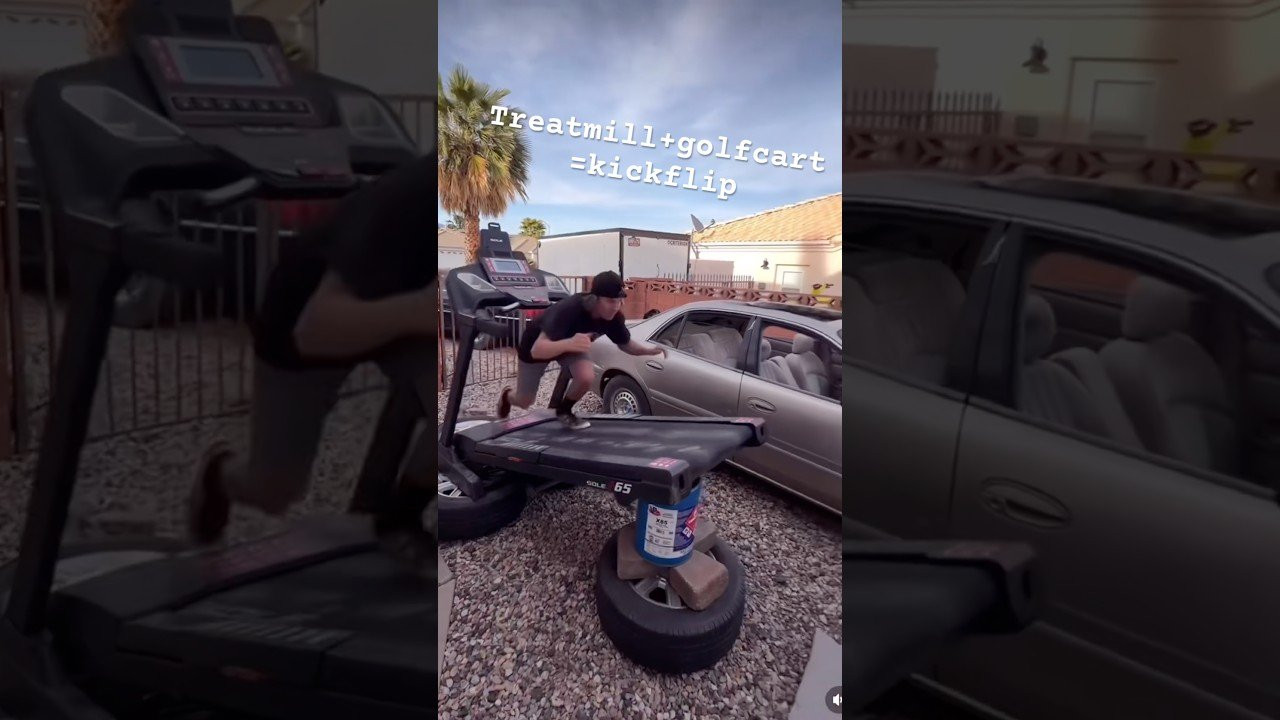Treadmill + golf cart = kickflip<br /><br />Follow em for more! 👉 https://www.instagram.com/_ryan.bean_?igsh=NTc4MTIwNjQ2YQ==