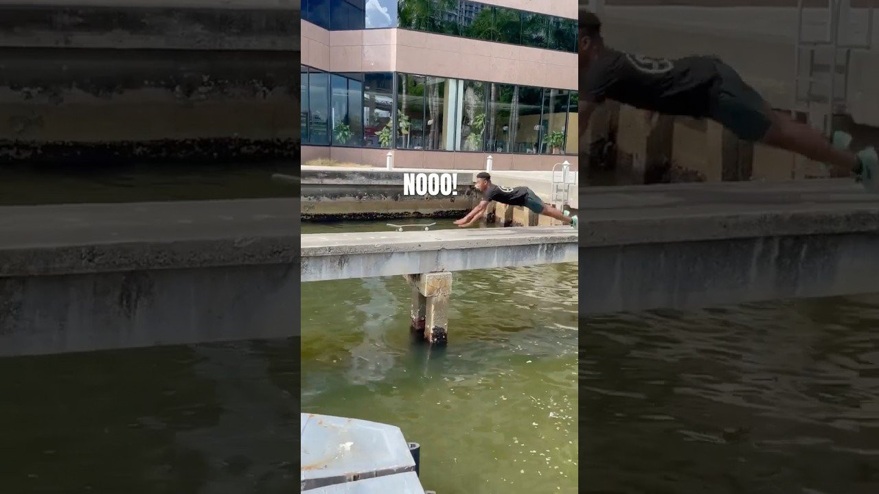 Skater dives to save board from water